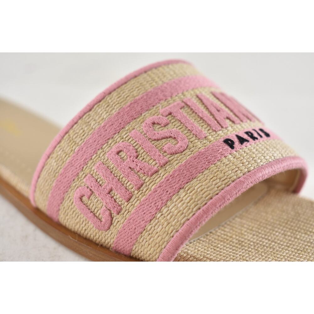Christian Dior Dway Rose Begonia Pink Raffia Beige Logo Slide Flat Sandal 38.5 - Picture 6 of 13